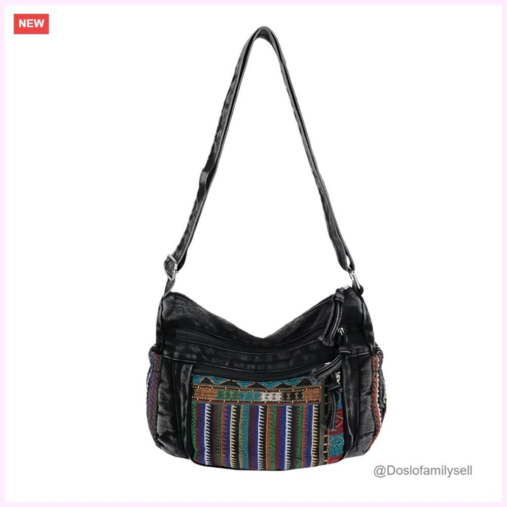 Denim Crossbody Bag with Multiple Pockets, Adjustable Strap, Bohemian Style